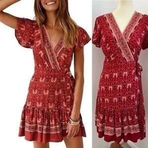 ZESICA Summer Wrap V Neck Bohemian Floral Print Ruffle Swing Size S NWT